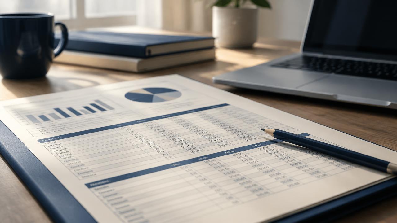 Printed accounts receivable aging report with columns beside a laptop