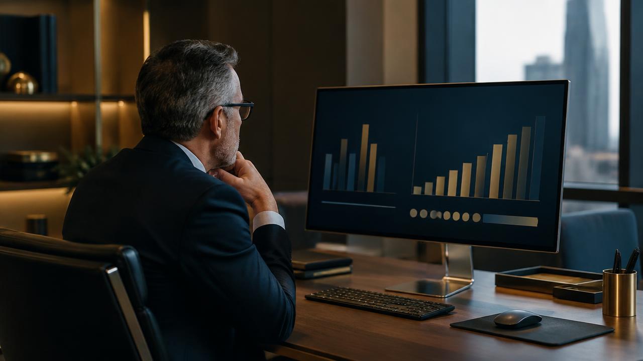 Finance manager reviewing accounts receivable charts on a monitor