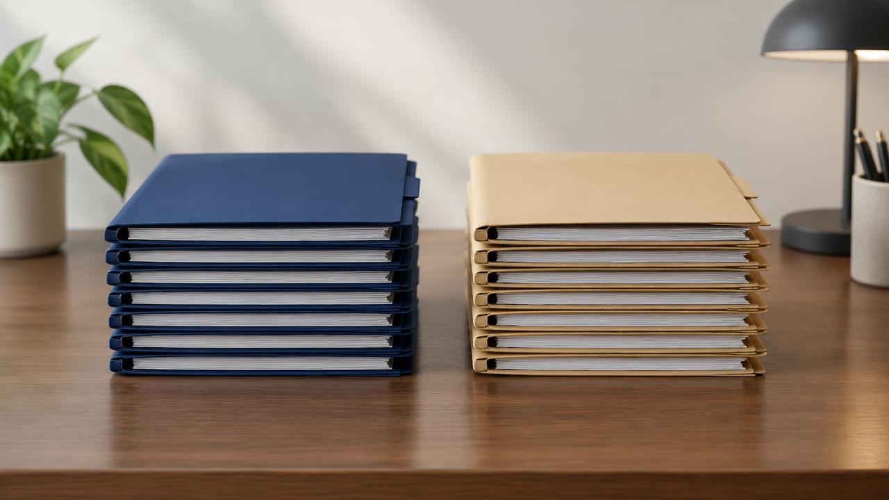 Navy and tan folder stacks representing accounts receivable vs accounts payable