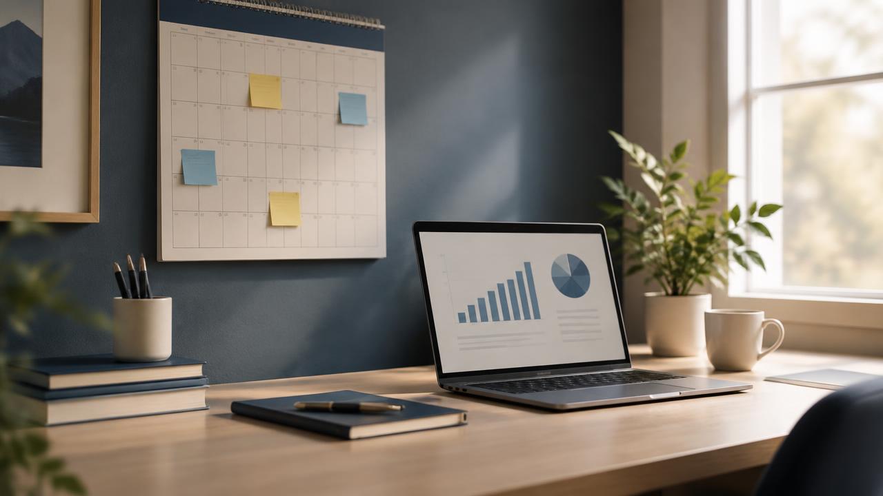 Desk with wall calendar, sticky notes and laptop chart for cash flow management