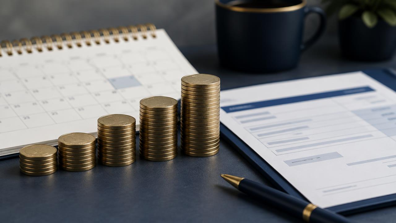 Growing stacks of coins beside a calendar showing interest on an overdue invoice