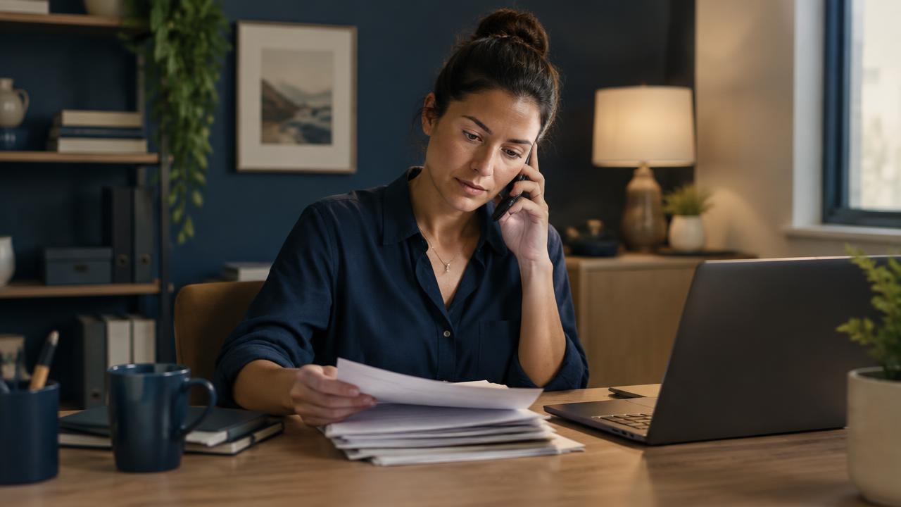 Business owner on a phone call collecting past due invoices from a stack
