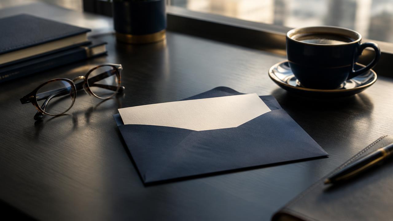 Demand letter for payment in an envelope with reading glasses and coffee