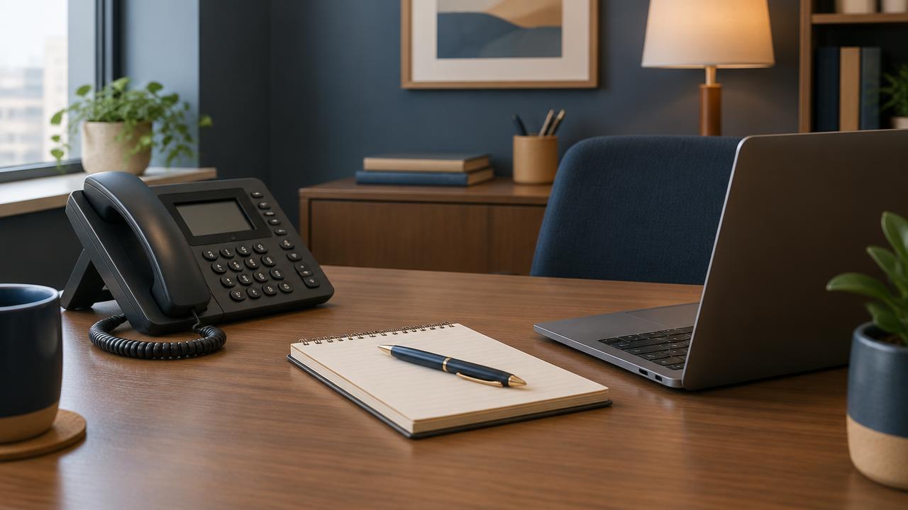 Desk phone, notepad and laptop used to ask a client for payment