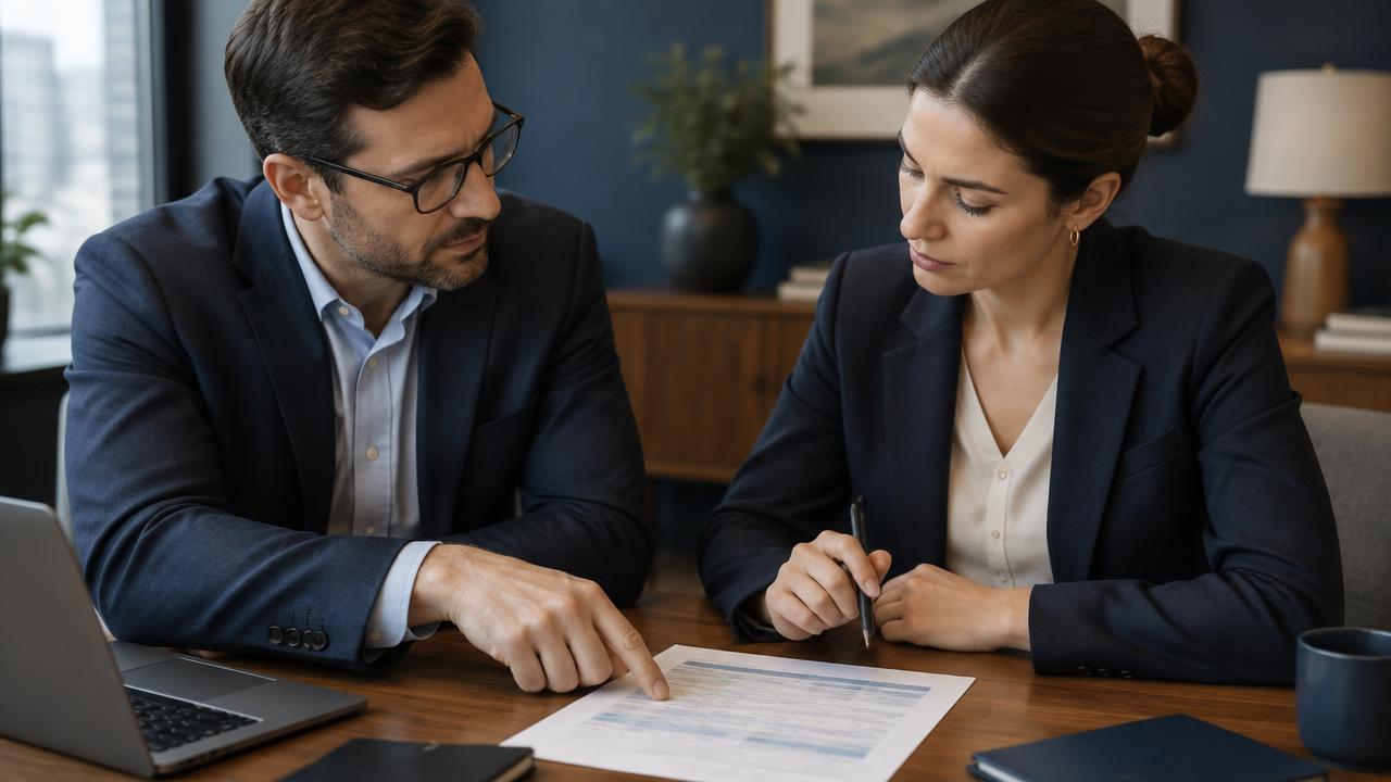 Two business people reviewing a disputed invoice line together