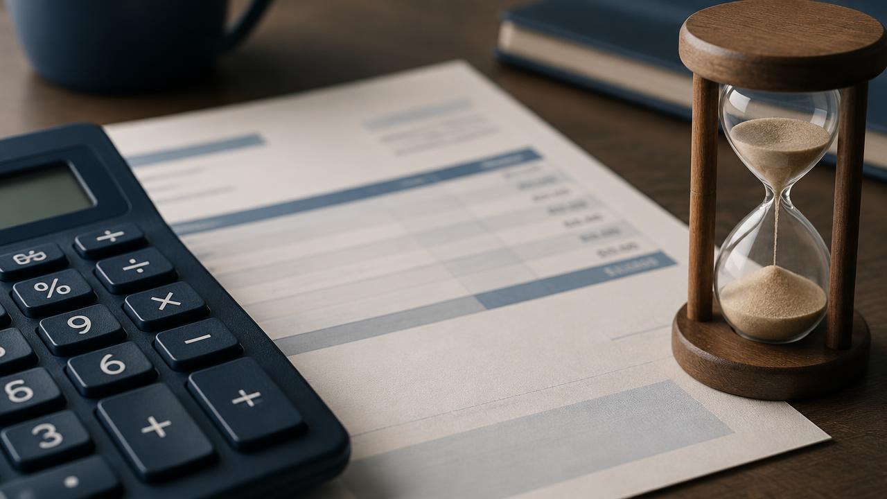 Calculator, printed invoice and hourglass illustrating invoice late fees