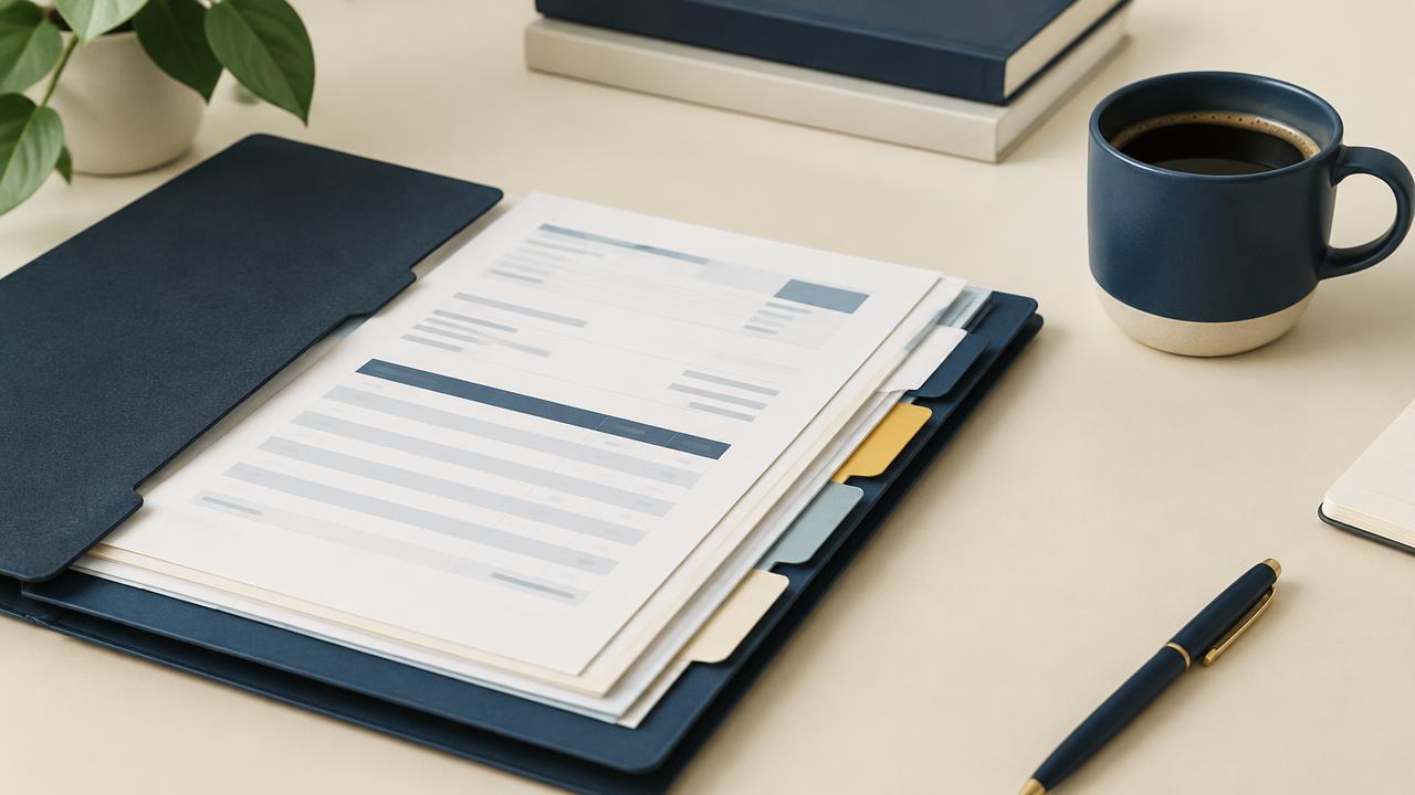 Folder of outstanding invoices with colored tabs next to a coffee cup