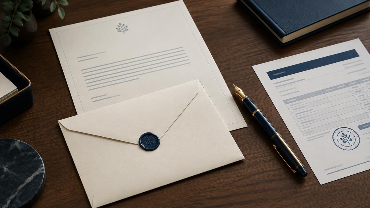 Past due invoice letter and envelope beside a printed invoice and fountain pen