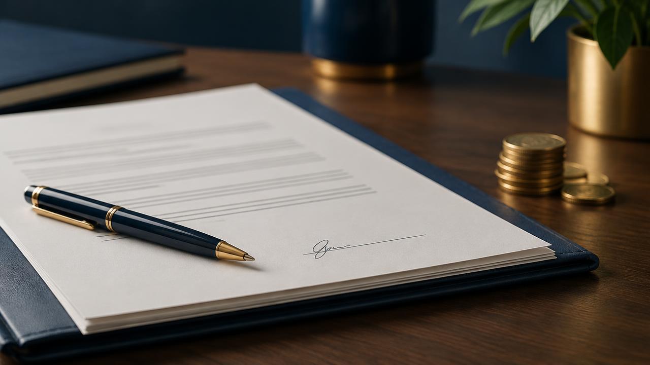 Signed payment plan agreement with pen and coins on a wooden desk