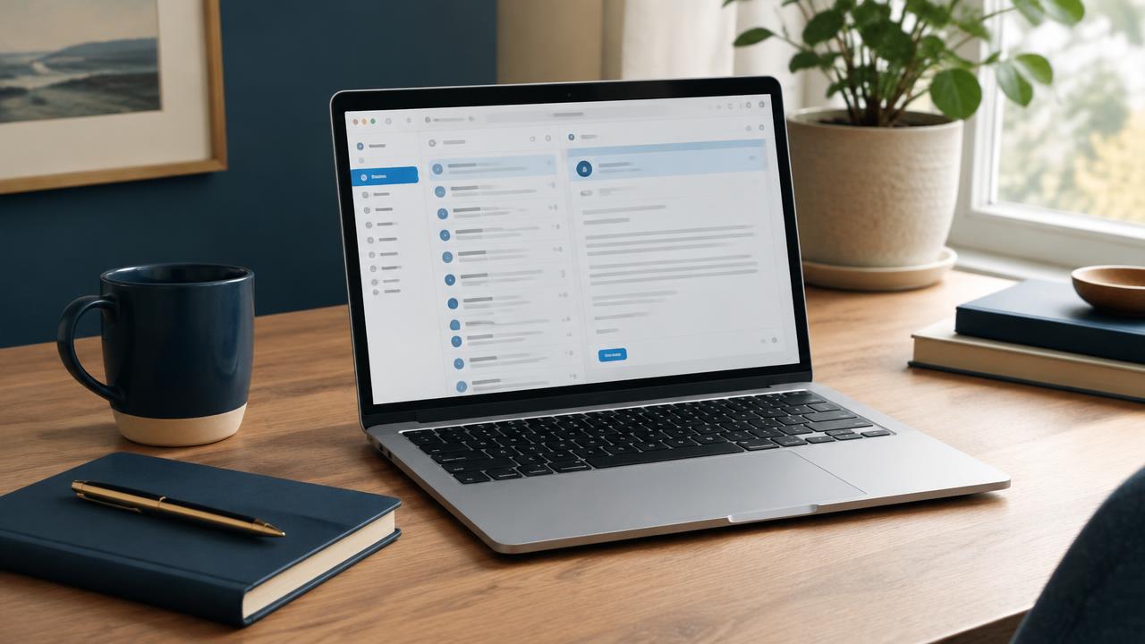 Laptop showing a payment reminder email in an inbox on a business desk