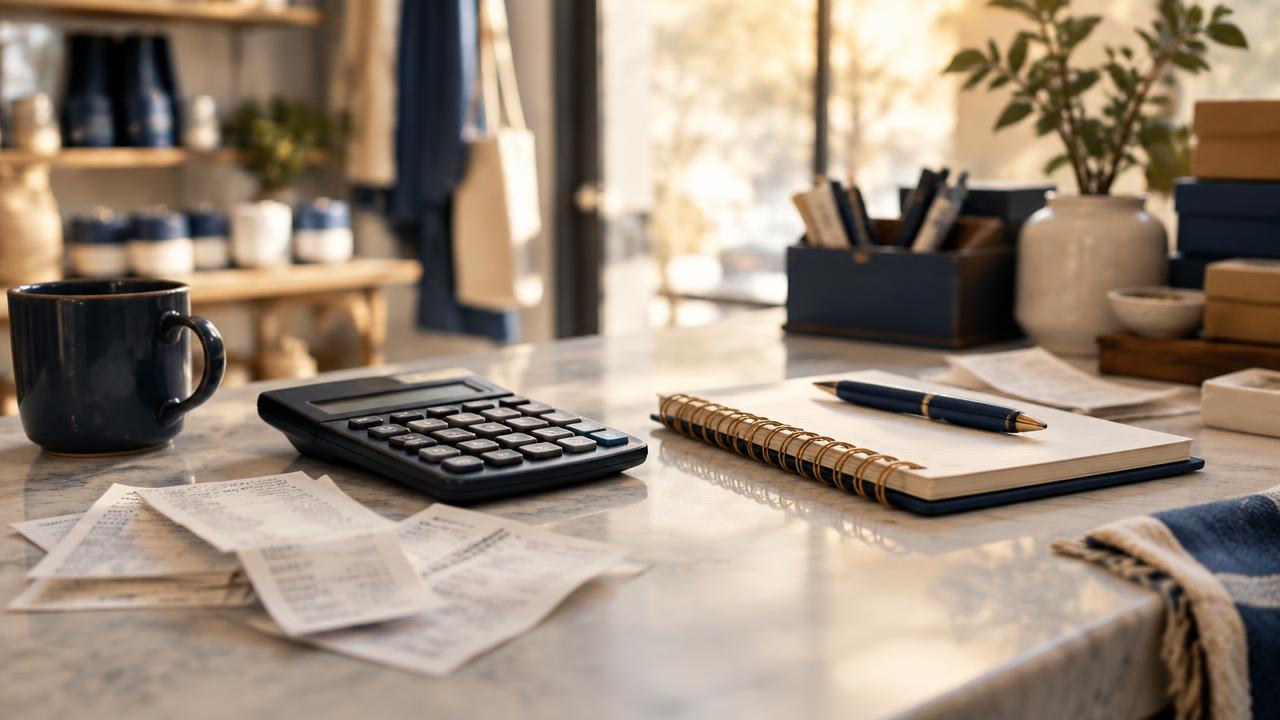 Small business counter with calculator, receipts and cash flow notebook
