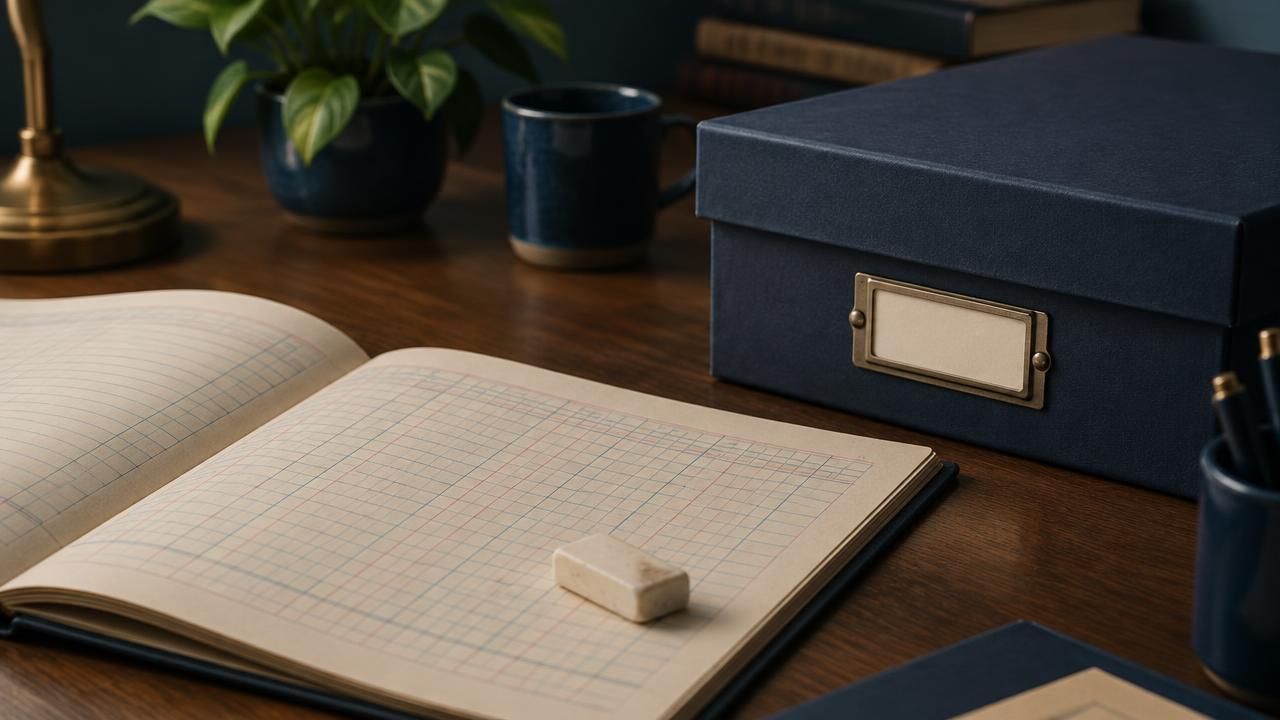 Ledger book and eraser beside an archive box for writing off unpaid invoices